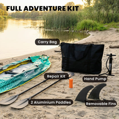 12.5' Inflatable Kayak Set, 2-person Sit on Canoe with Aluminium Oars, Blue and Yellow