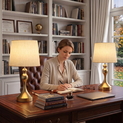Set of Two Three-Colour Lamps, with USB Ports - Gold Tone