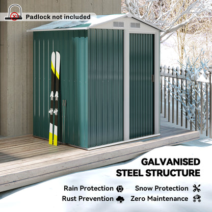 Garden Metal Tool Storage Shed with Sliding Door, Sloped Roof and Floor Foundation, 152 x 132 x 188cm, Green