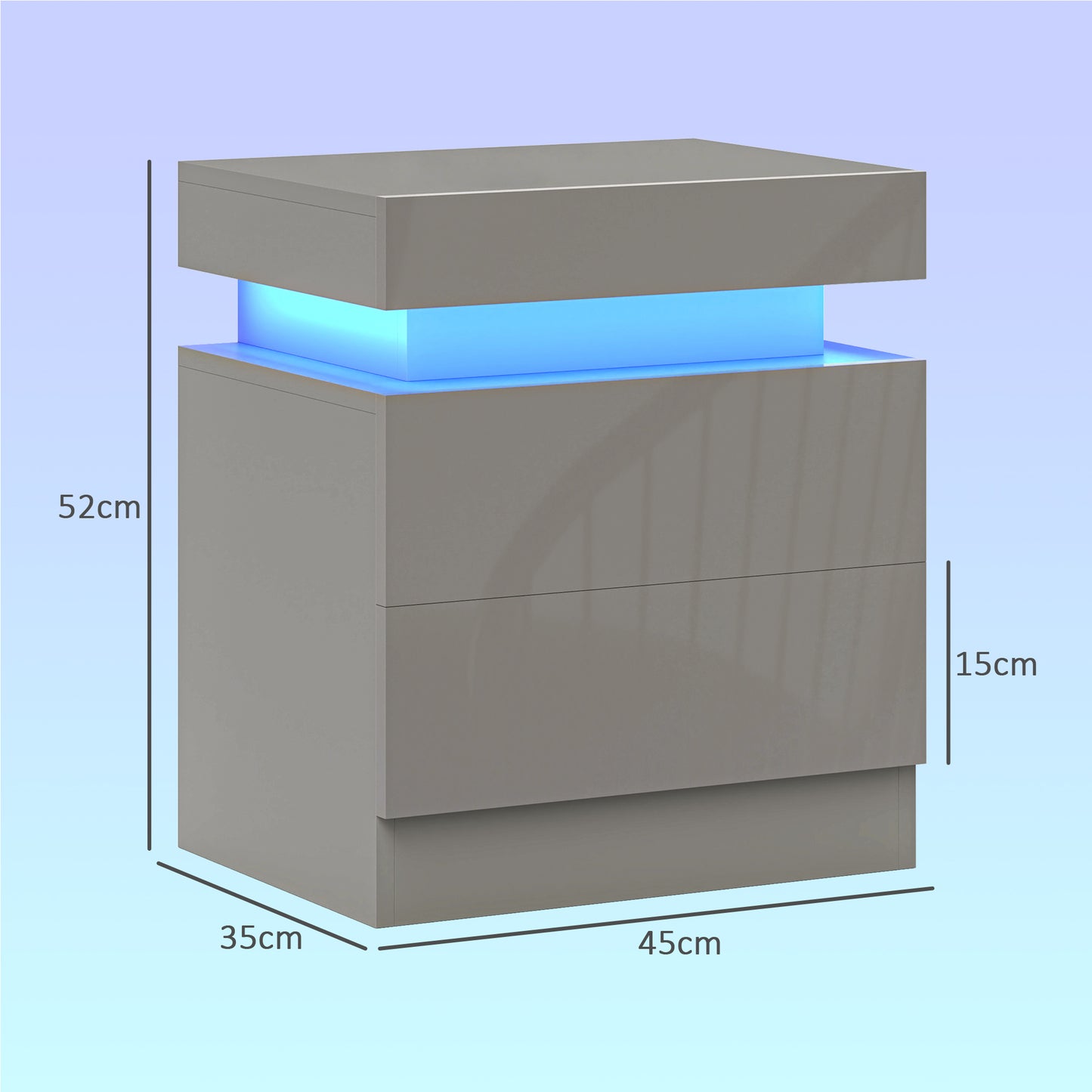 Grey Bedside Table with LED Light, High Gloss Front Nightstand with 2 Drawers, for Living Room, Bedroom
