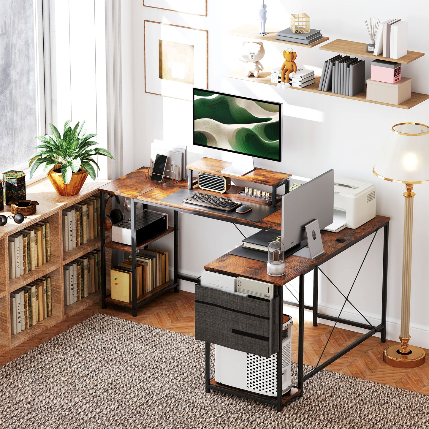 168cm Reversible L Shaped Desk, Industrial Corner Computer Desk with Adjustable Shelf and Storage Bag