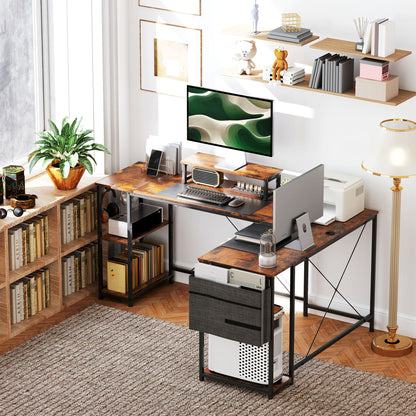 168cm Reversible L Shaped Desk, Industrial Corner Computer Desk with Adjustable Shelf and Storage Bag