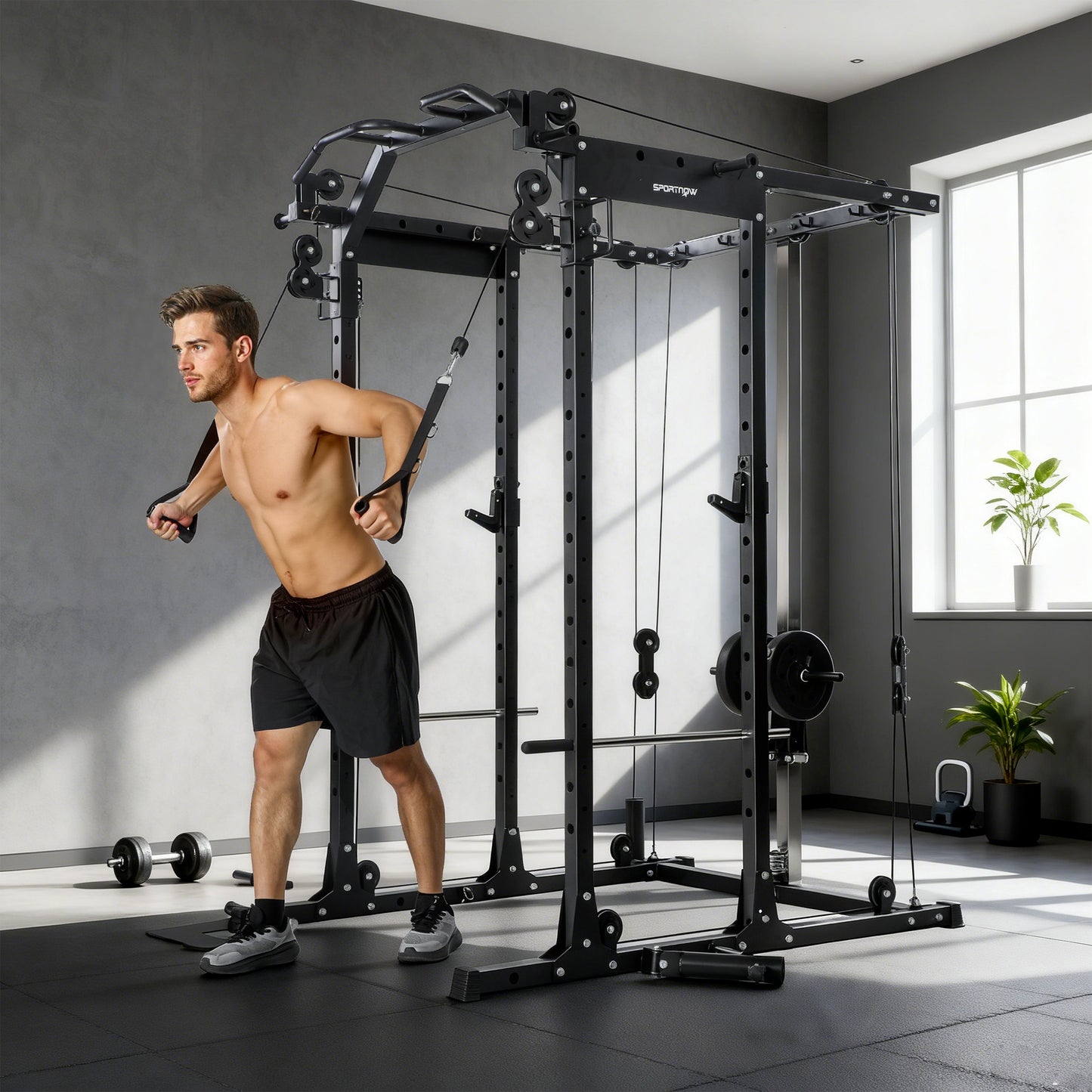 Lat Pull-Down Home Gym Machine with Cable Crossover for Home Strength Training, Black