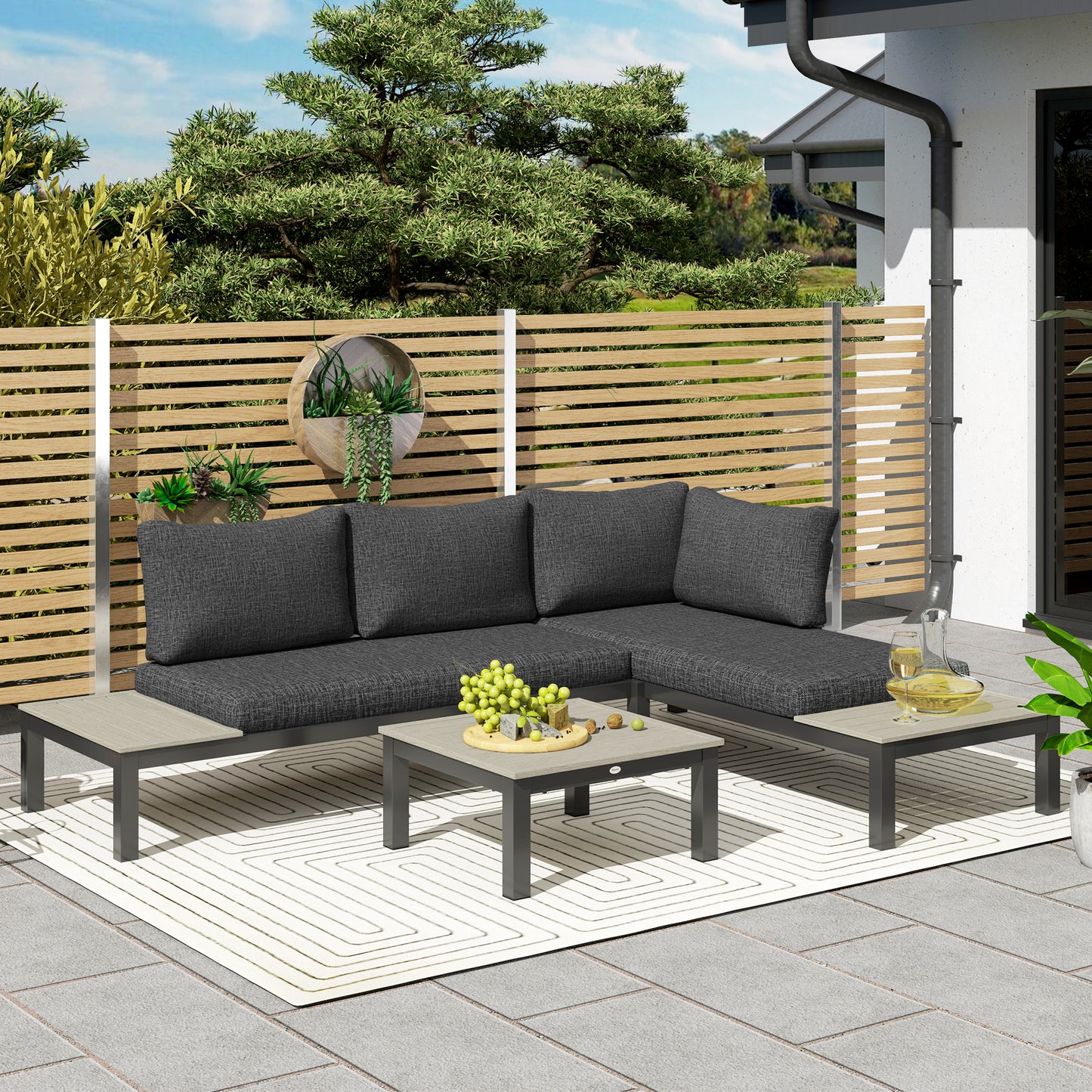 3 Pieces Garden Furniture Set, Aluminium 4 Seater Corner Sofa Set with 2 Loveseats, Coffee Table and Side Trays