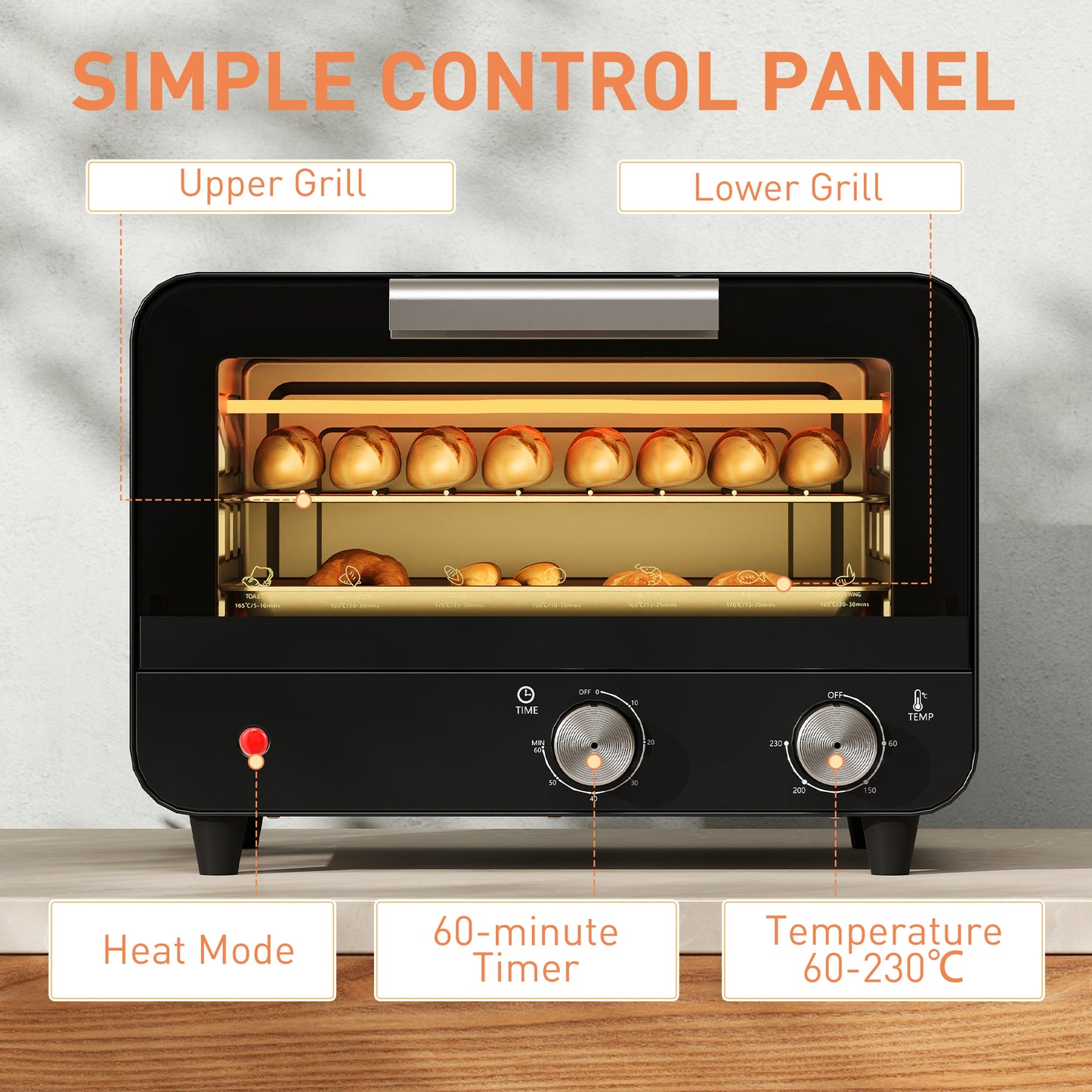 Small Toaster Oven, 12L Multifunction Mini Countertop Oven with Glass Door, Adjustable Temperature and Timer, Black