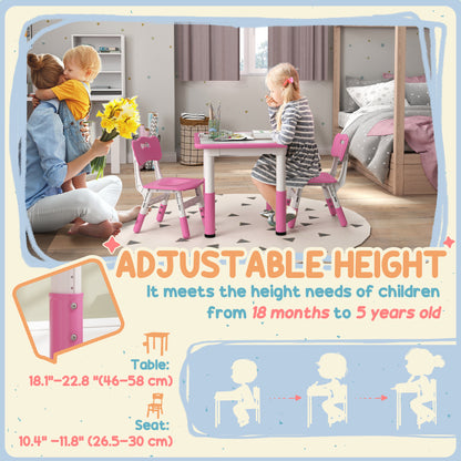 Height Adjustable Toddler Table and Chair Set, 3-Piece Children Activity Table w/ 2 Chairs for Playroom, Bedroom - Pink