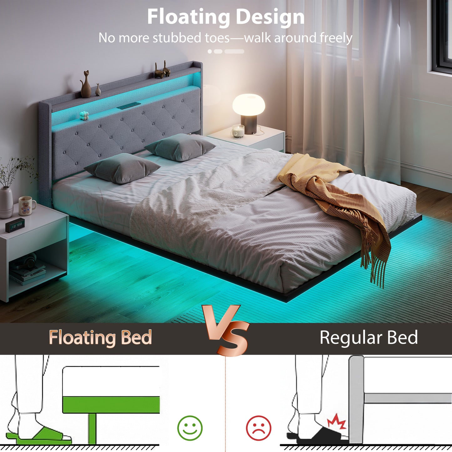 Floating Bed Frame, Upholstered 5ft King Size Bed, Platform Bed with RGB LED Lights and Charging Station, Grey