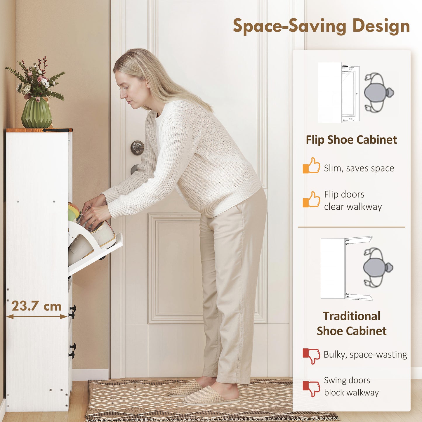Shoe Cabinet with 2 Flip Drawers, Narrow Shoe Storage Cabinet, White