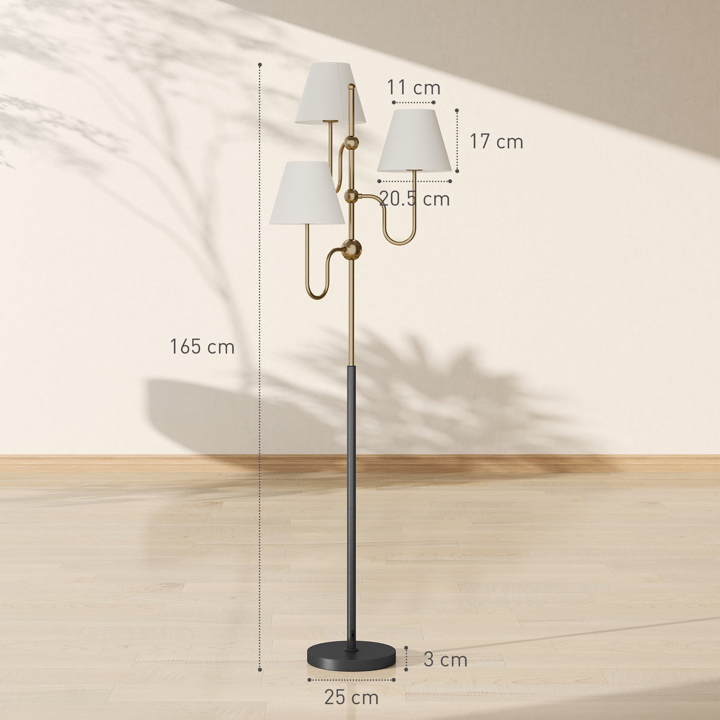 Floor Lamp, 165 cm Tall Standing Lamp with 3 Light and Foot Switch for Living Room, Bedroom, Bedside, Office