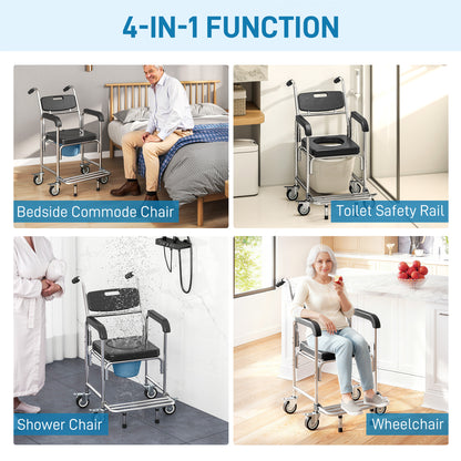 Transport Beside Shower Chair, 3-in-1 Commode Chair with Wheels and Padded Seat, Black