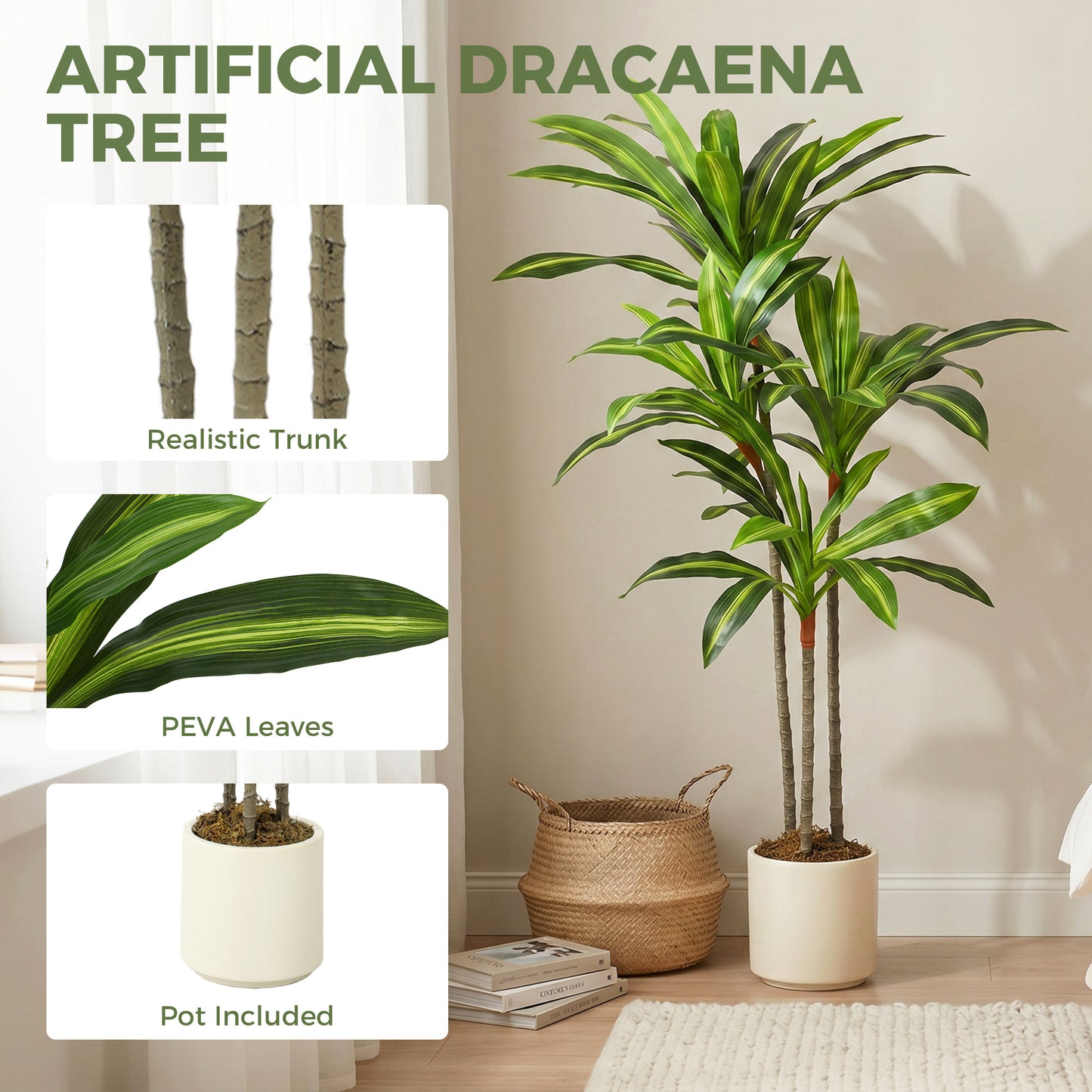 120cm Lifelike Fake Tree, Artificial Dracaena Tree with Bendable Trunks, Green
