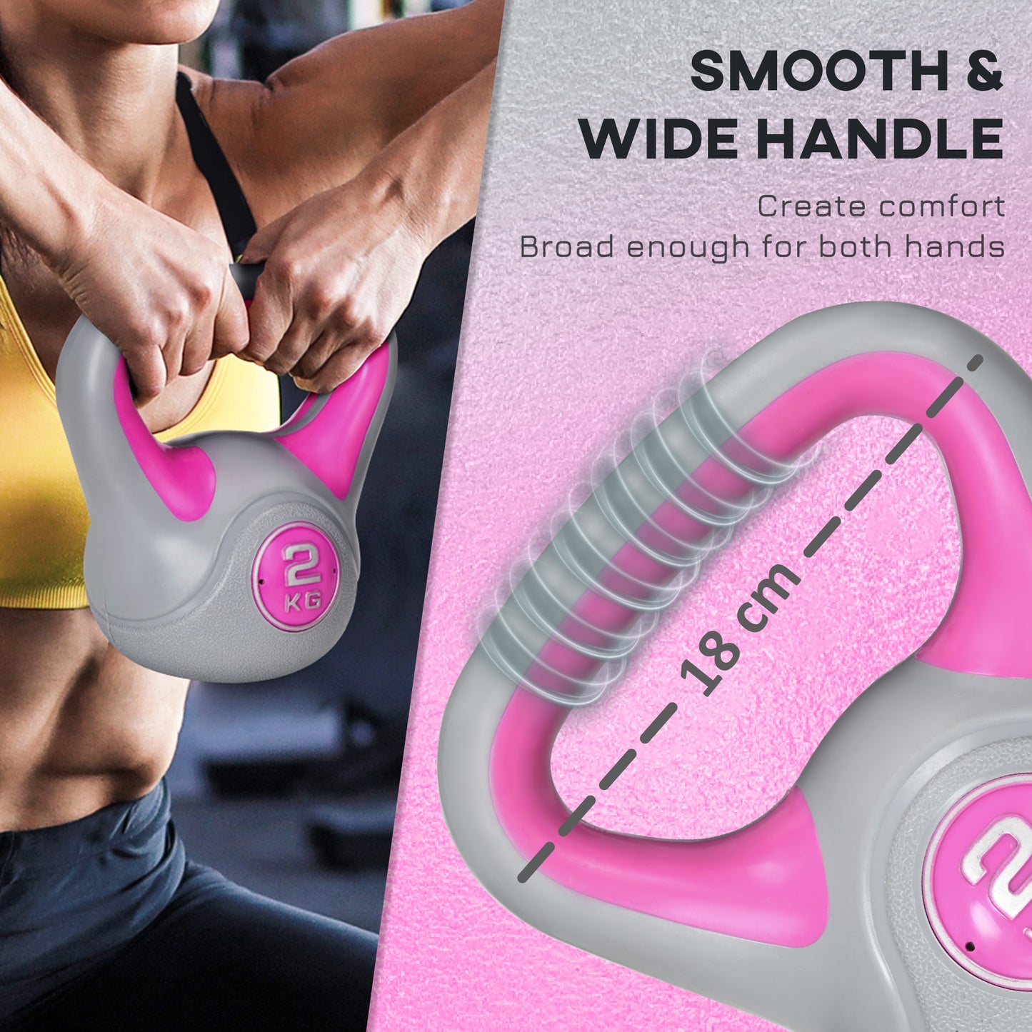 Kettlebell, 2kg Kettle Bells with Handle for Home Gym Weight Lifting and Strength Training, Pink and Grey