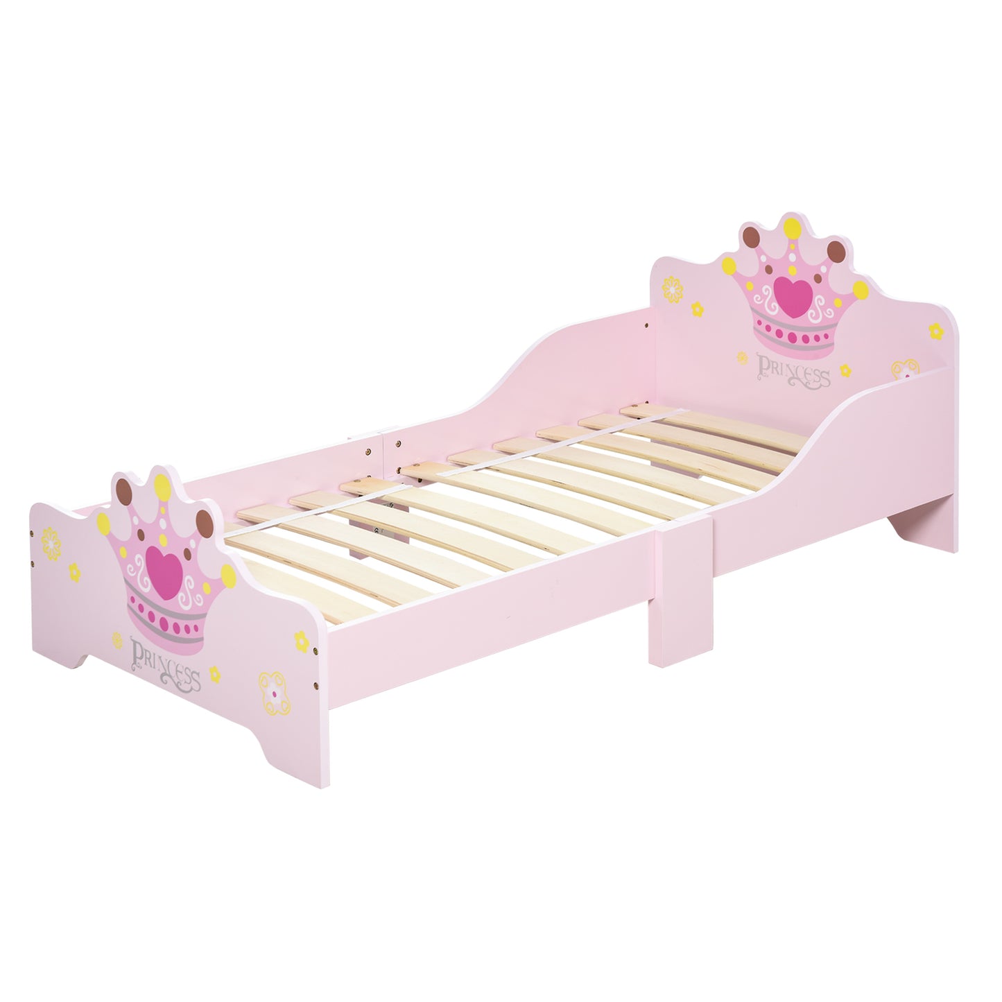 Kids Toddler Bed Princess Crown Theme Safety Side Rails Slats Home Bedroom Furniture Boys Girls 3-6 Years Pink 143 x 73 x 60