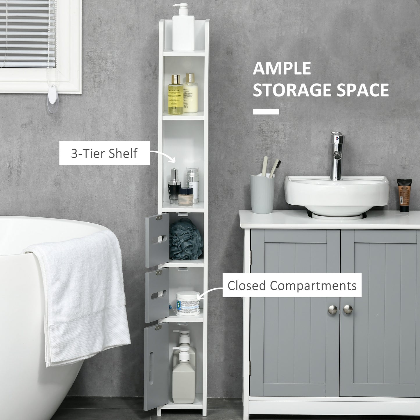 Modern Bathroom Storage Cabinet, Freestanding Tall Bathroom Cabinet with Open Shelves and 3 Cupboards with Door