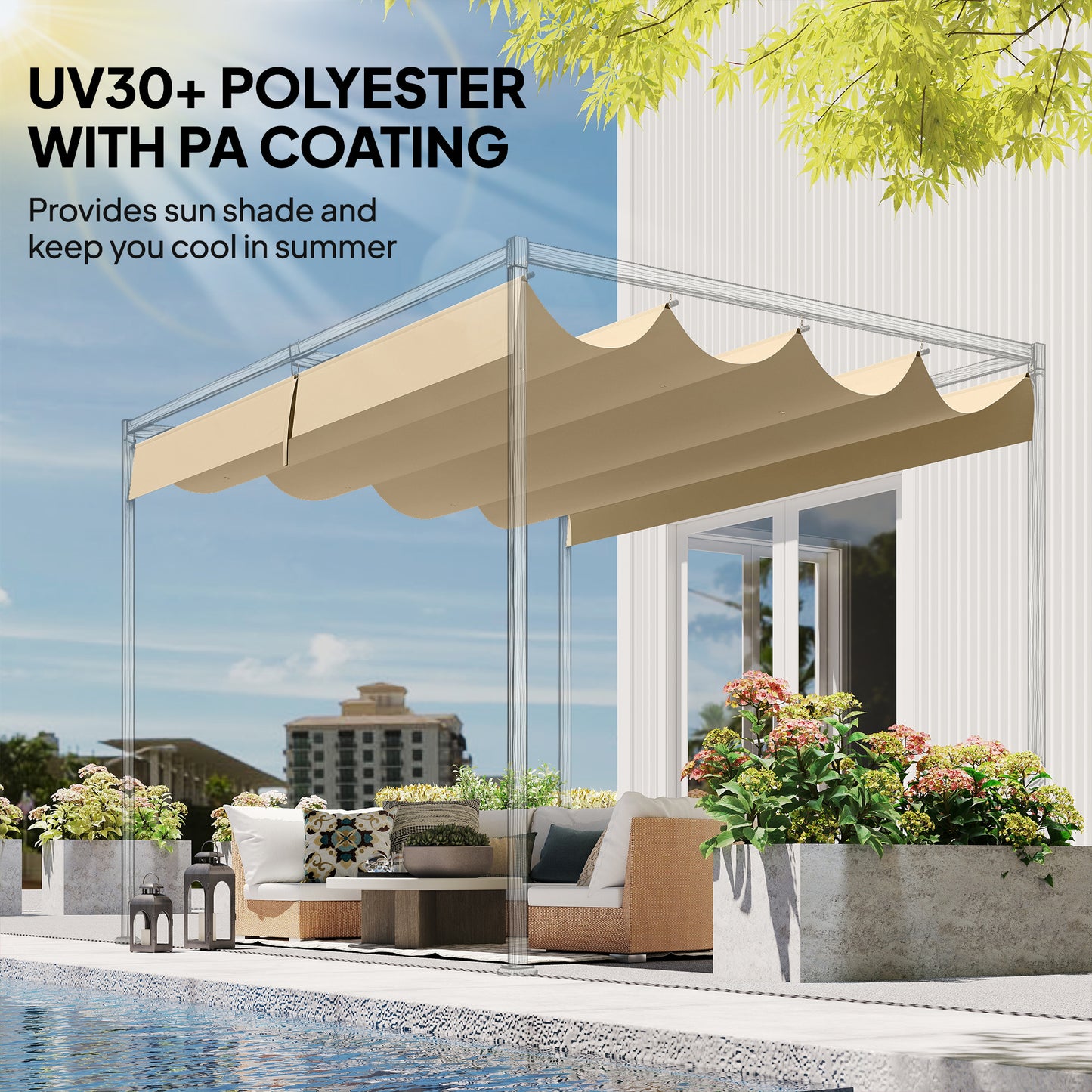 Retractable Pergola Canopy Only, 3.92 x 3.5 m, UV30+ Replacement Canopy Cover for 4 x 3 m Pergola, Khaki