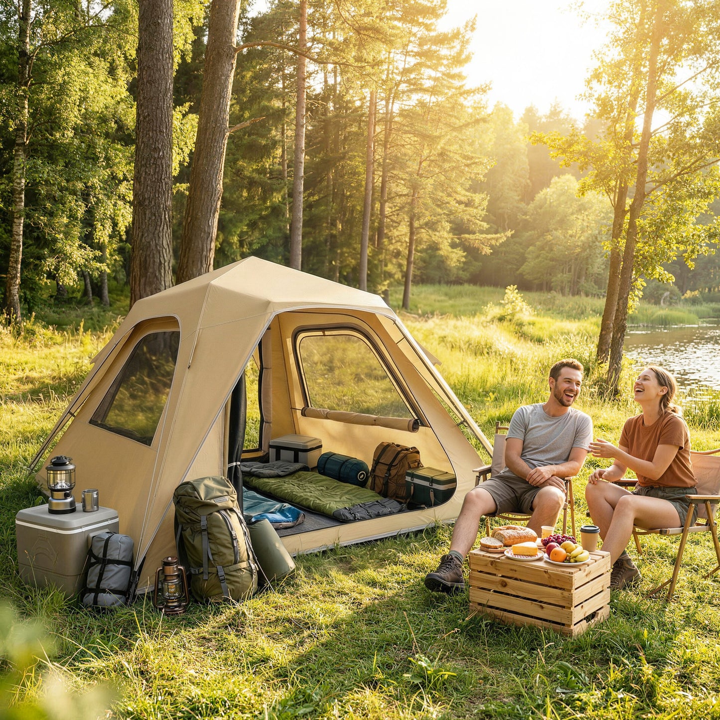 Pop Up Tent 3000mm Waterproof Camping Tents with Mesh Windows 2-3 People Khaki
