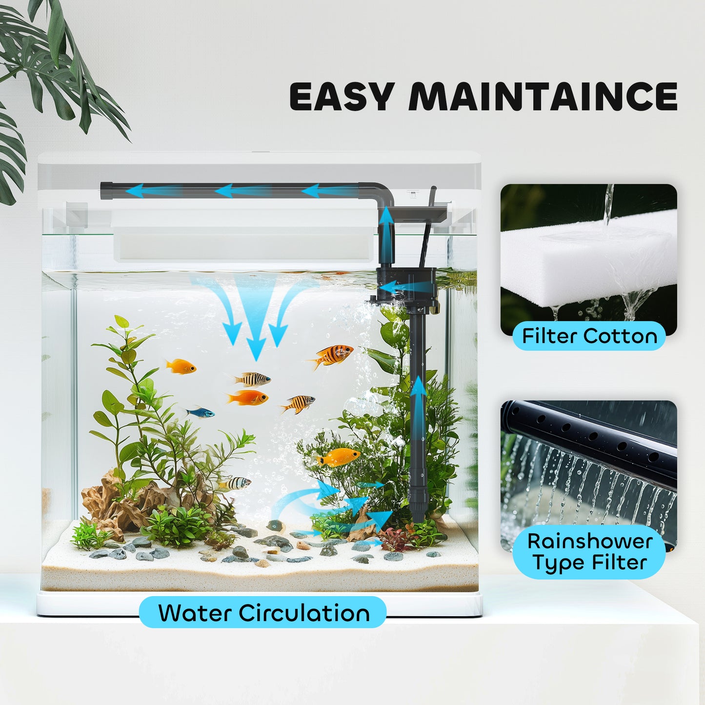 28L Glass Aquarium Fish Tank with Filter, LED Lighting, for Betta, Guppy, Mini Parrot Fish, Shrimp, 38 x 26 x 39.5cm