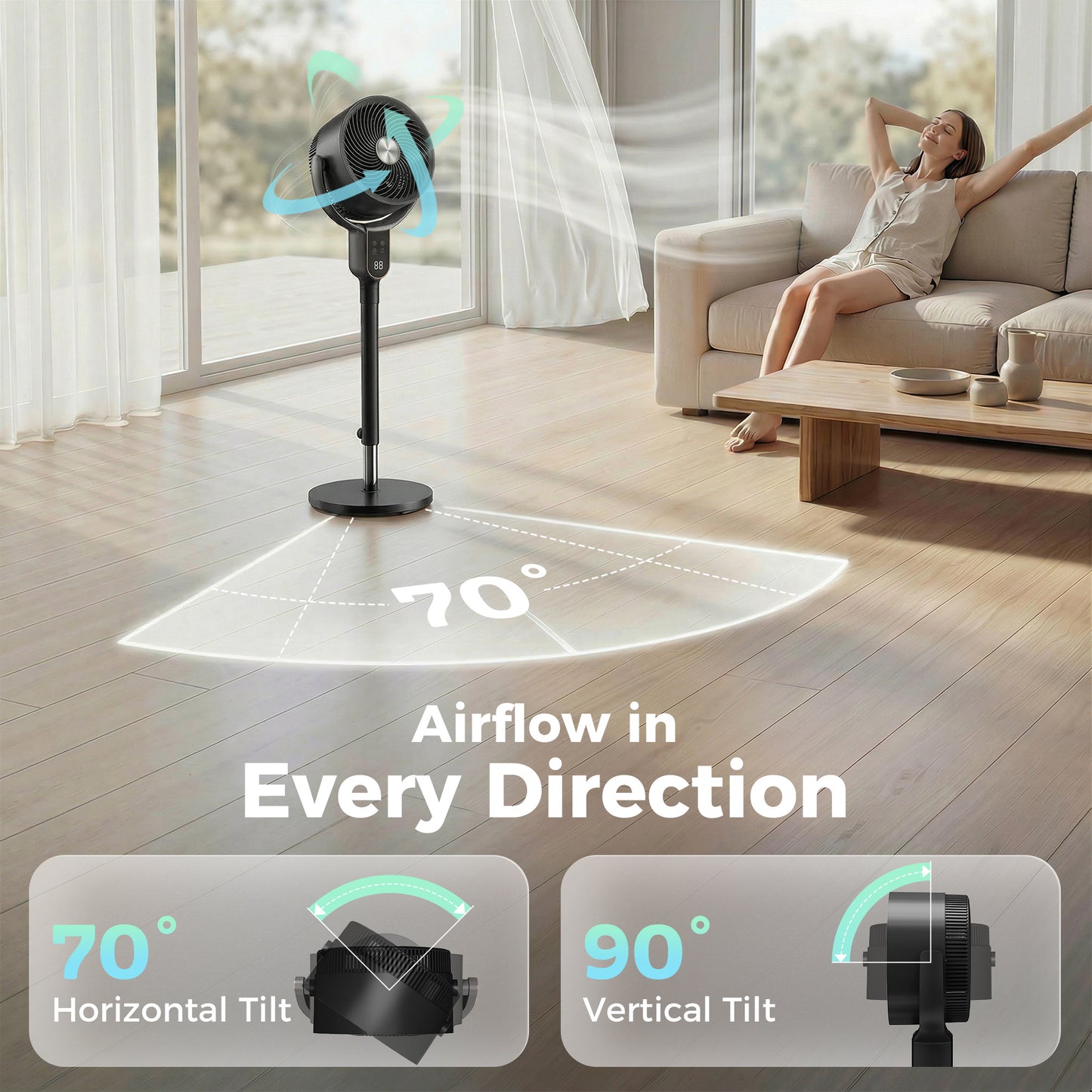 20 dB Silent Standing Fan for Bedroom, 42" Pedestal Fan with Remote, 90° Oscillating, 8 Speeds, Remote Control, Black