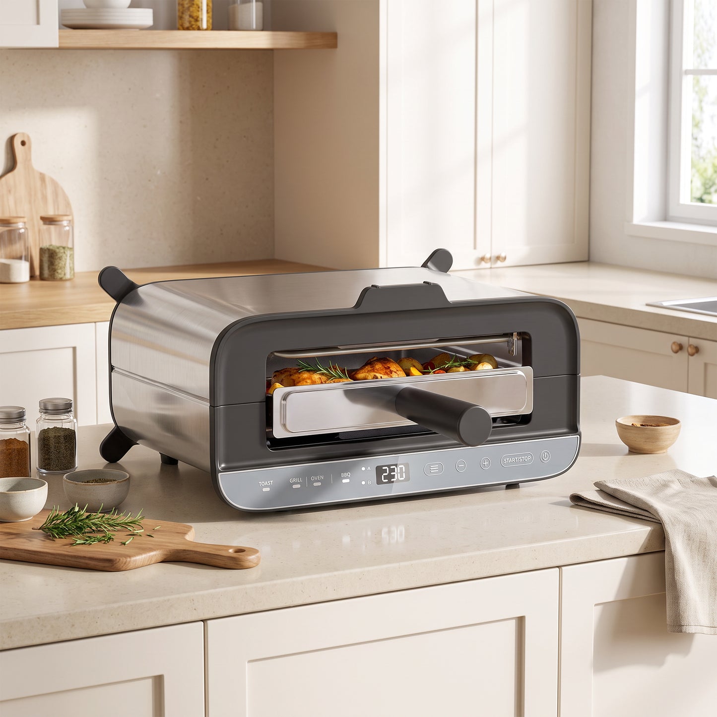 3-in-1 Electric Mini Oven, Long Slot Toaster and Tabletop Grill, with LED Display, 60 Min Timer, Stainless Steel, 1700W