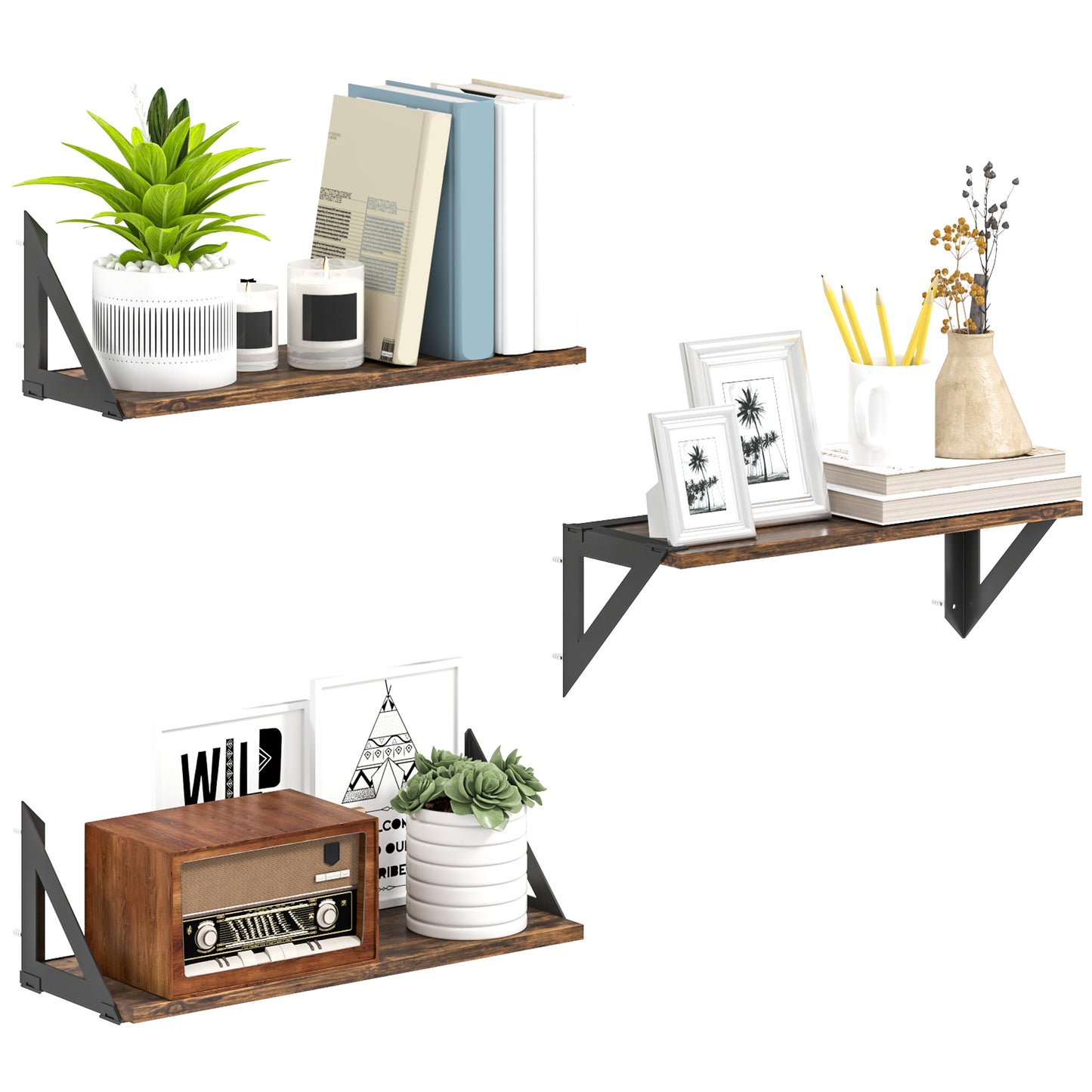 Set of 3 Wall Shelves, 43cm Vintage Wall Mounted Floating Shelves for Living Room, Entryway, Bedroom, Rustic Brown