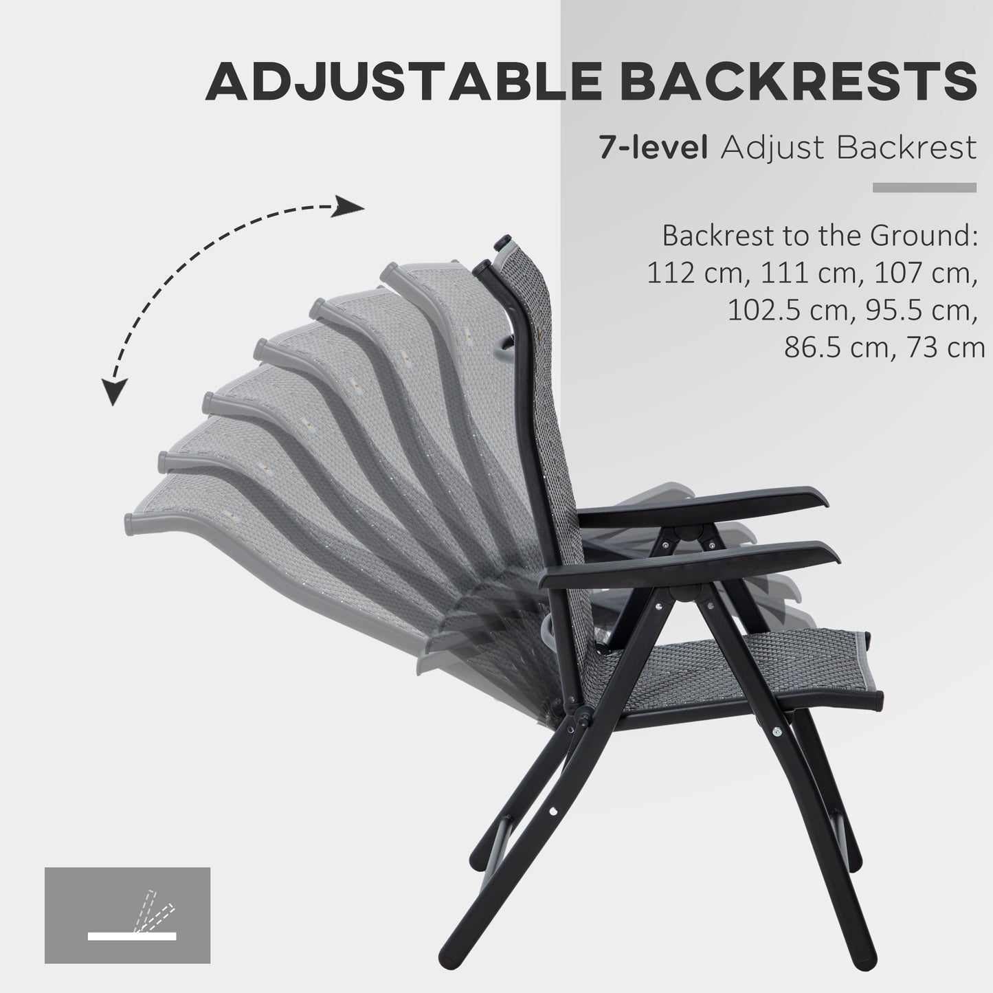 Set of Four Folding Garden Chairs, with Seven-Position Adjustable Backs, Grey