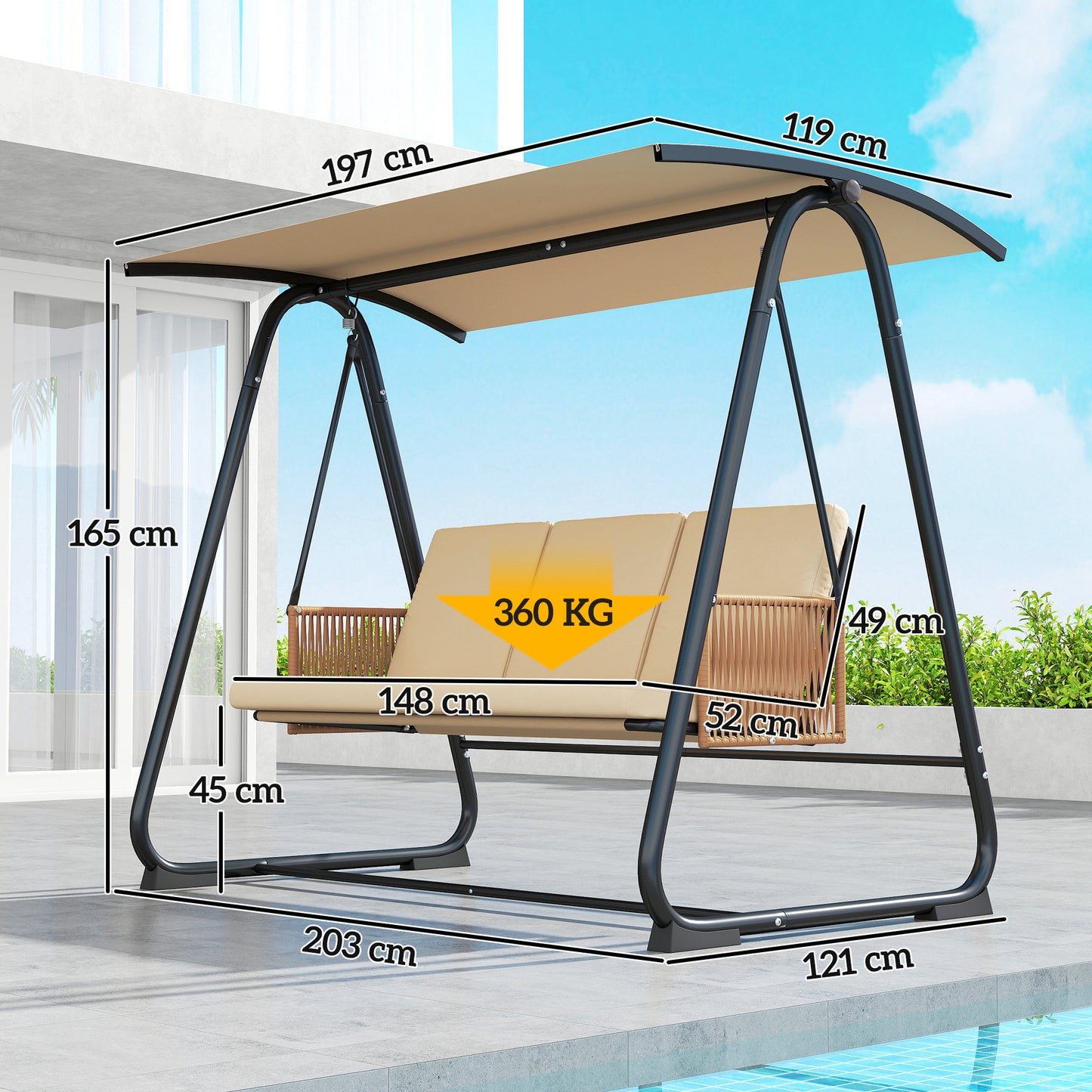 3 Seater Swing Chair with Adjustable Canopy, 360 kg Garden Swing Seat Outdoor Hammock Bench with Cushions, Sand Brown