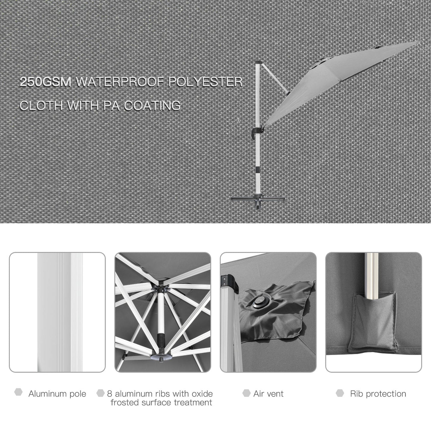 3 x 3(m) Cantilever Roma Parasol, Square Garden Umbrella with Cross Base, Crank Handle, Tilt