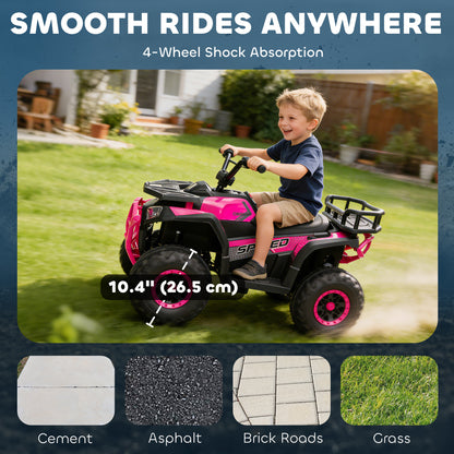 12V Kids Electric Ride on ATV, Battery-Powered Quad Bike w/ Spring Suspension, Forward Backward, Storage Basket, Pink