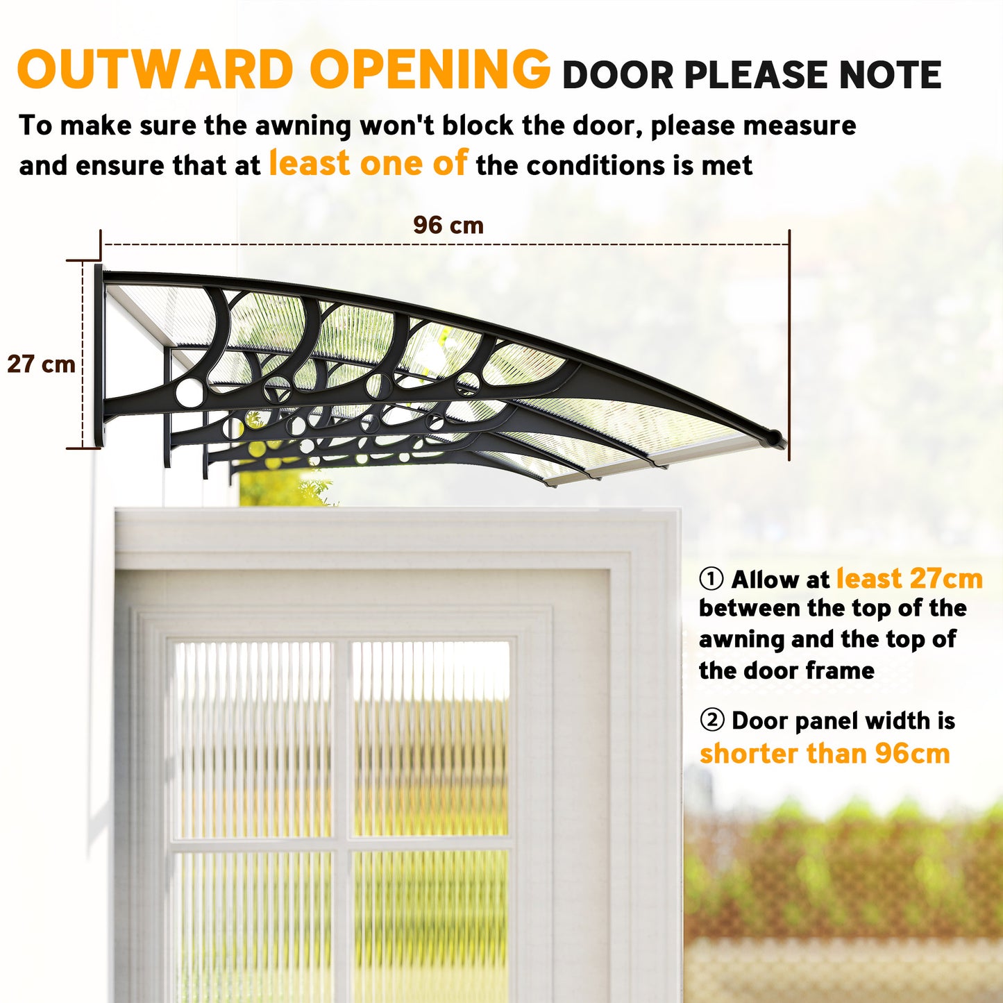 Front Door Canopy, Outdoor Awning, Rain Shelter, 303 x 96cm , Clear