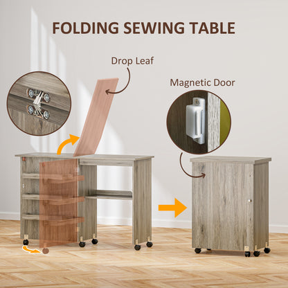 Folding Sewing Table, Drop Leaf Craft Table with Storage Bins, Open Shelf and Wheels