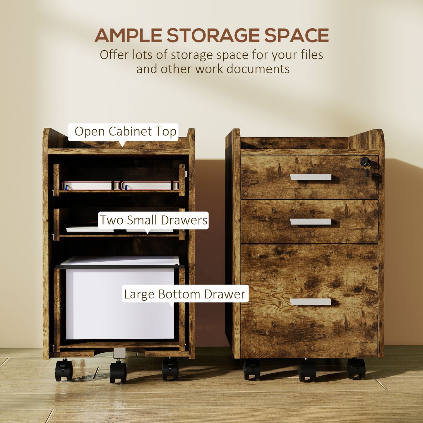 3 Drawer Filing Cabinet with Lock, Rolling File Cabinet with Edged Top for Letter, A4 Size, Hanging File Folders