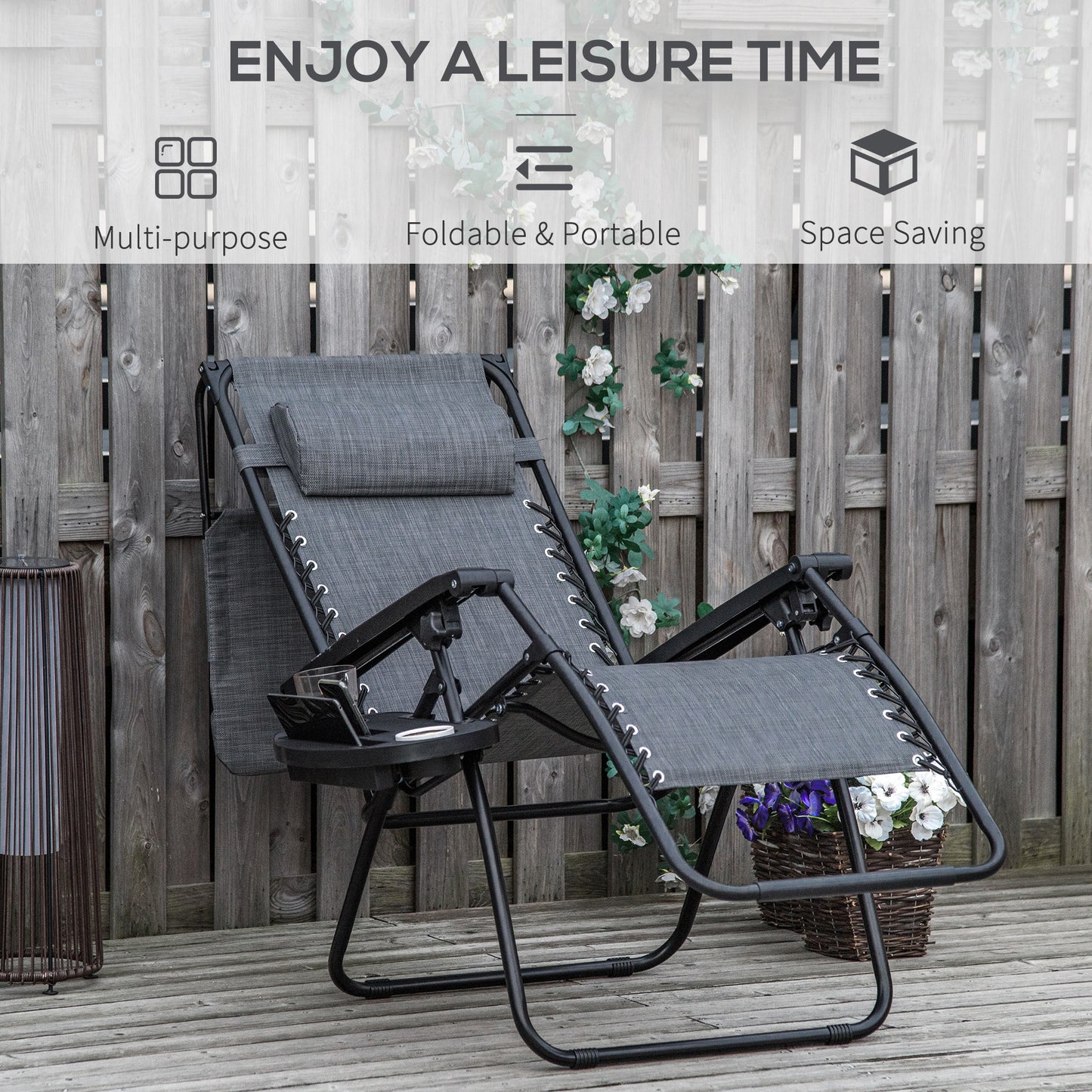 Foldable Reclining Garden Chair with Headrest, Zero Gravity Deck Sun Lounger Seat Chair with Footrest, Armrest