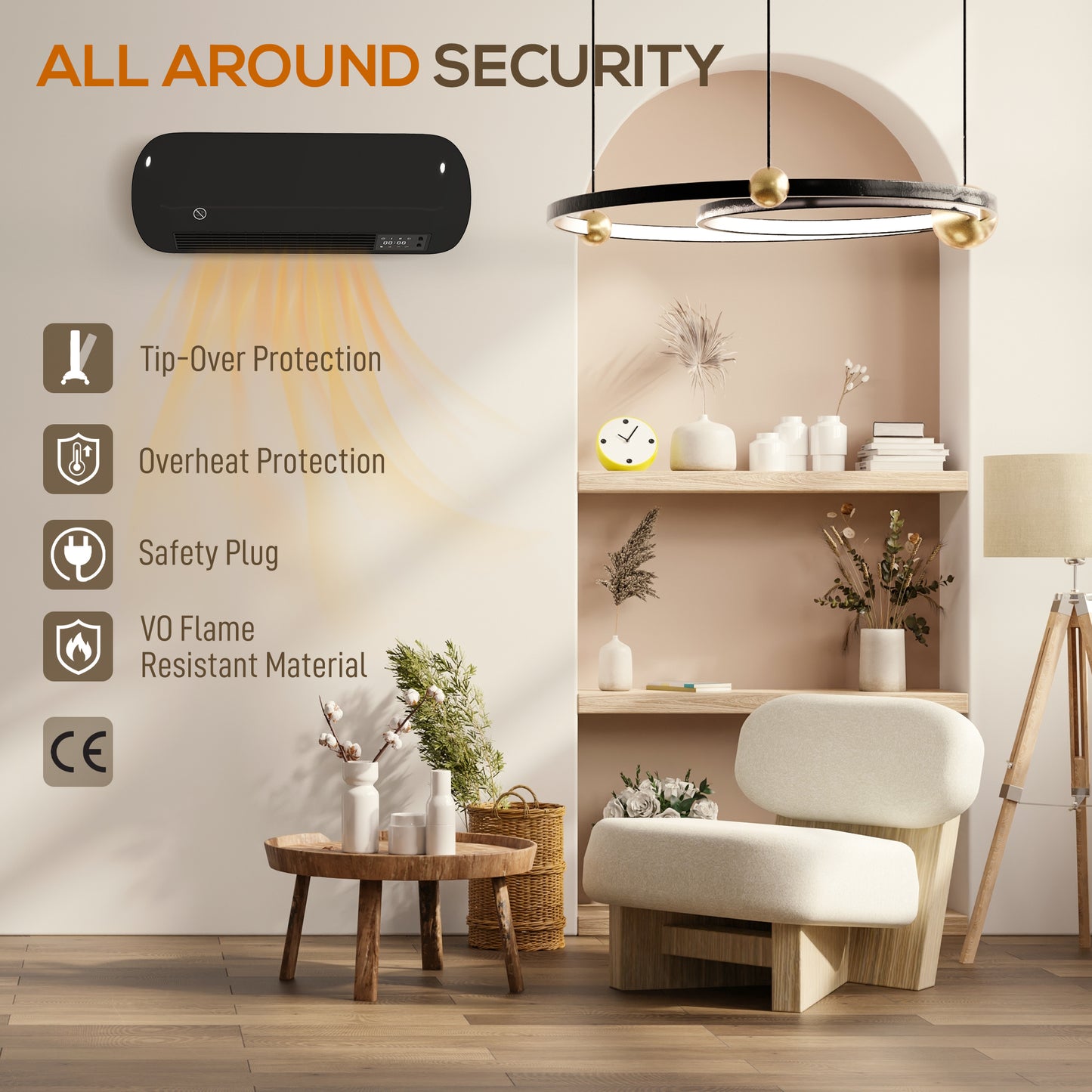 2000W Ceramic Electric Heater with Fan, Adjustable Thermostat, Wall Mounted - Black