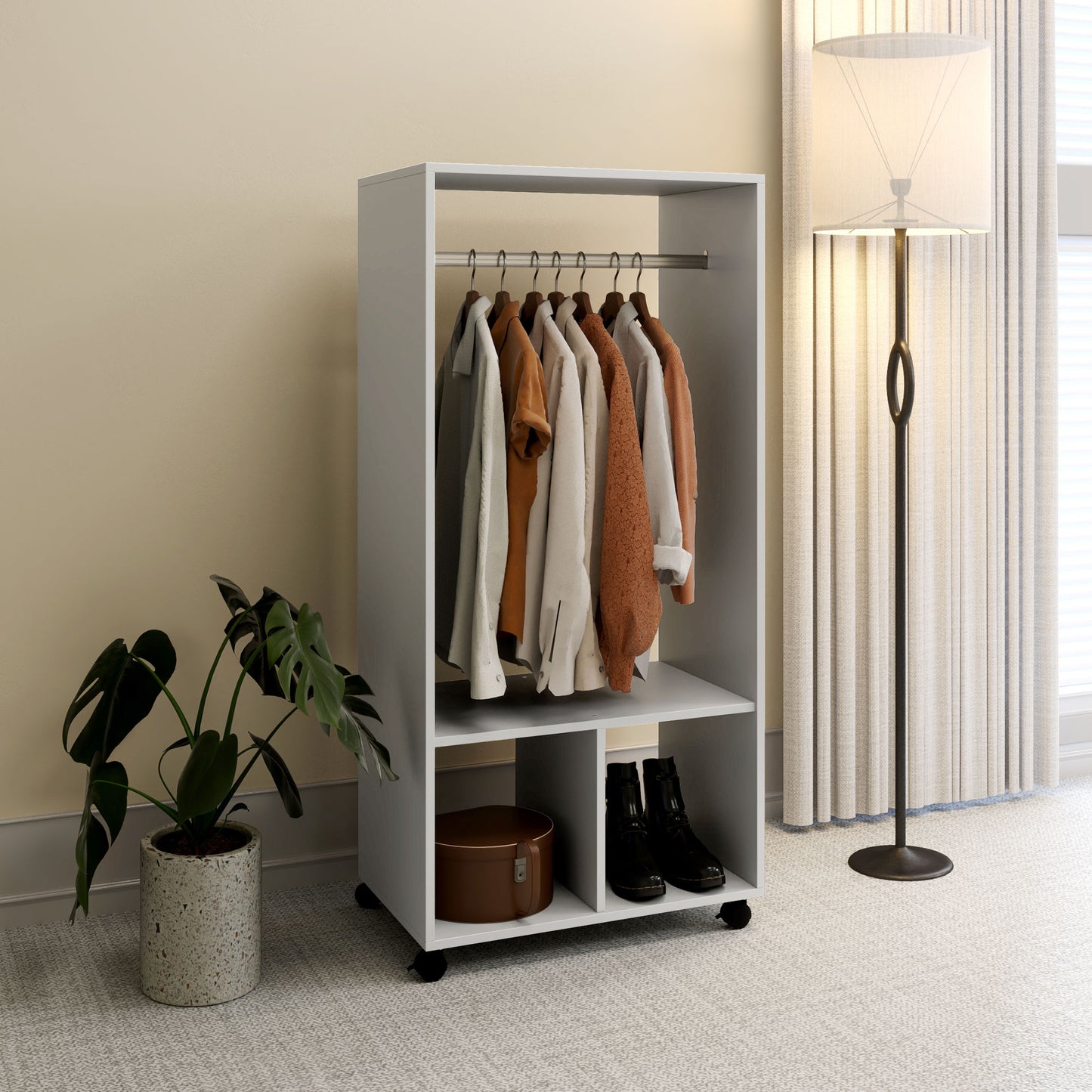Open Wardrobe on Wheels, Bedroom Wardrobe with Clothes Hanging Rail, 2 Storage Shelves, Mobile Garment Rack for Cloakroom