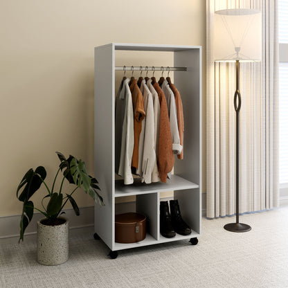 Open Wardrobe on Wheels, Bedroom Wardrobe with Clothes Hanging Rail, 2 Storage Shelves, Mobile Garment Rack for Cloakroom