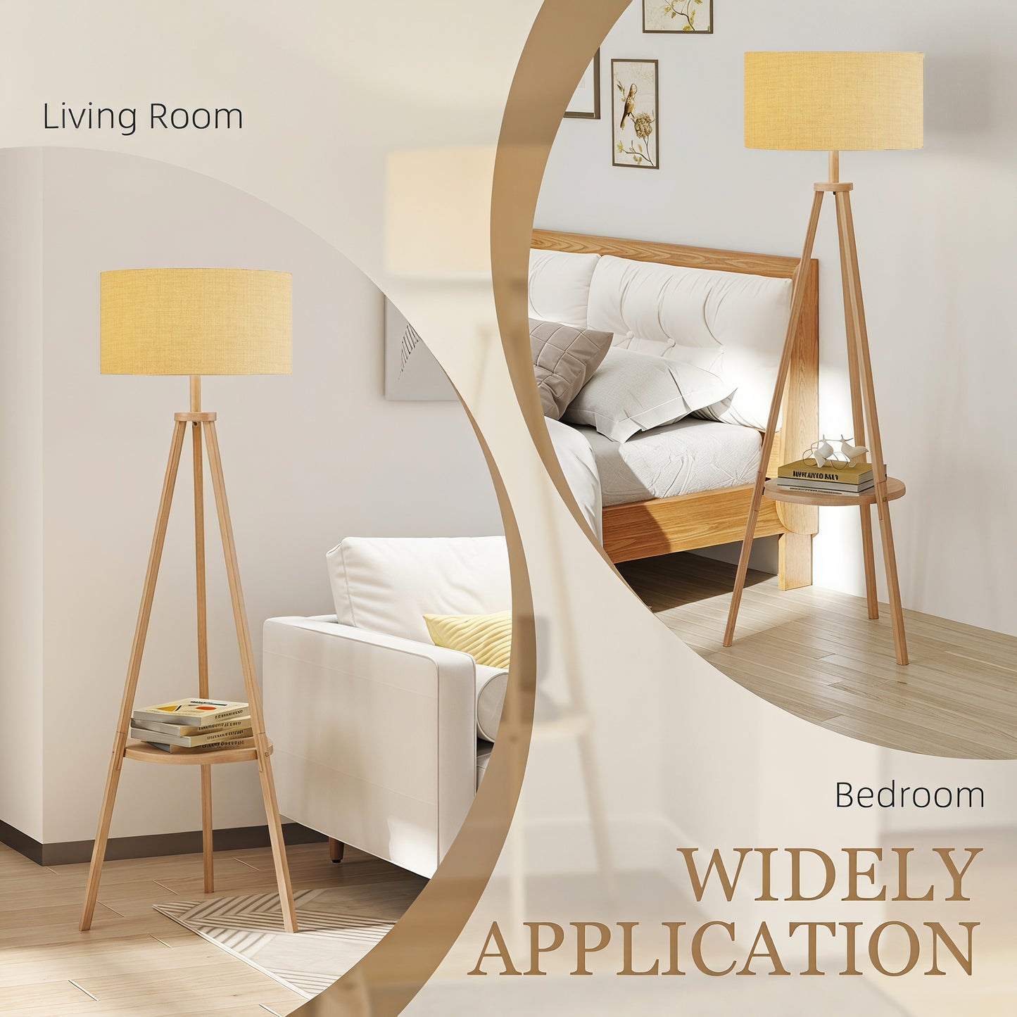 Bedside Light, Tripod Floor Lamp with Storage Shelf and Linen Shade for Living Room, 160cm, Natural Wood Colour