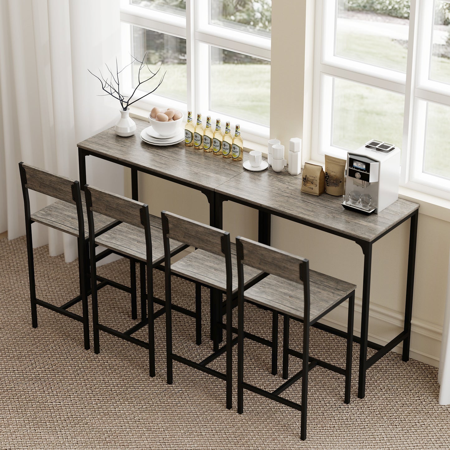 3-Piece Bar Table Set with 2 Stools, Industrial Breakfast Bar Set with Footrest, Backrest for Dining Room, Small Space