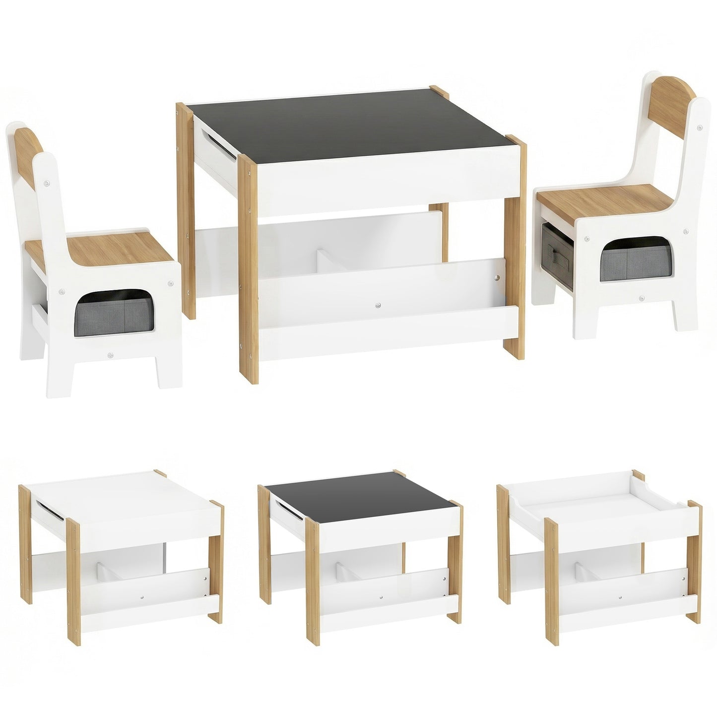 Three-Piece Kids Table and Chair Set with Blackboard, Storage, Bookshelves - Natural Wood