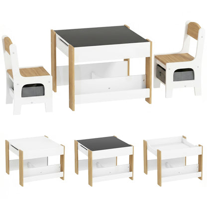 Three-Piece Kids Table and Chair Set with Blackboard, Storage, Bookshelves - Natural Wood