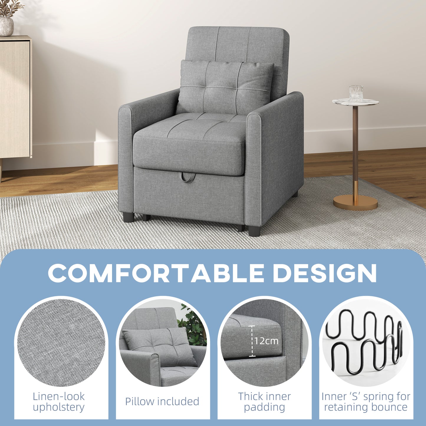 Linen-Look Single Chair Bed - Light Grey