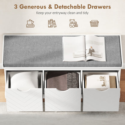 3-Drawer Padded Shoe Bench with Breathable & Washable Linen-look Cover, White
