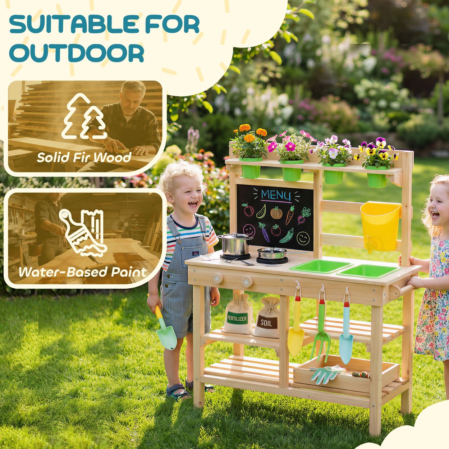 Kids Mud Kitchen, Outdoor Wooden Play Kitchen with Kitchenware & Garden Tools, Pretend Play Outdoor Toys, Natural