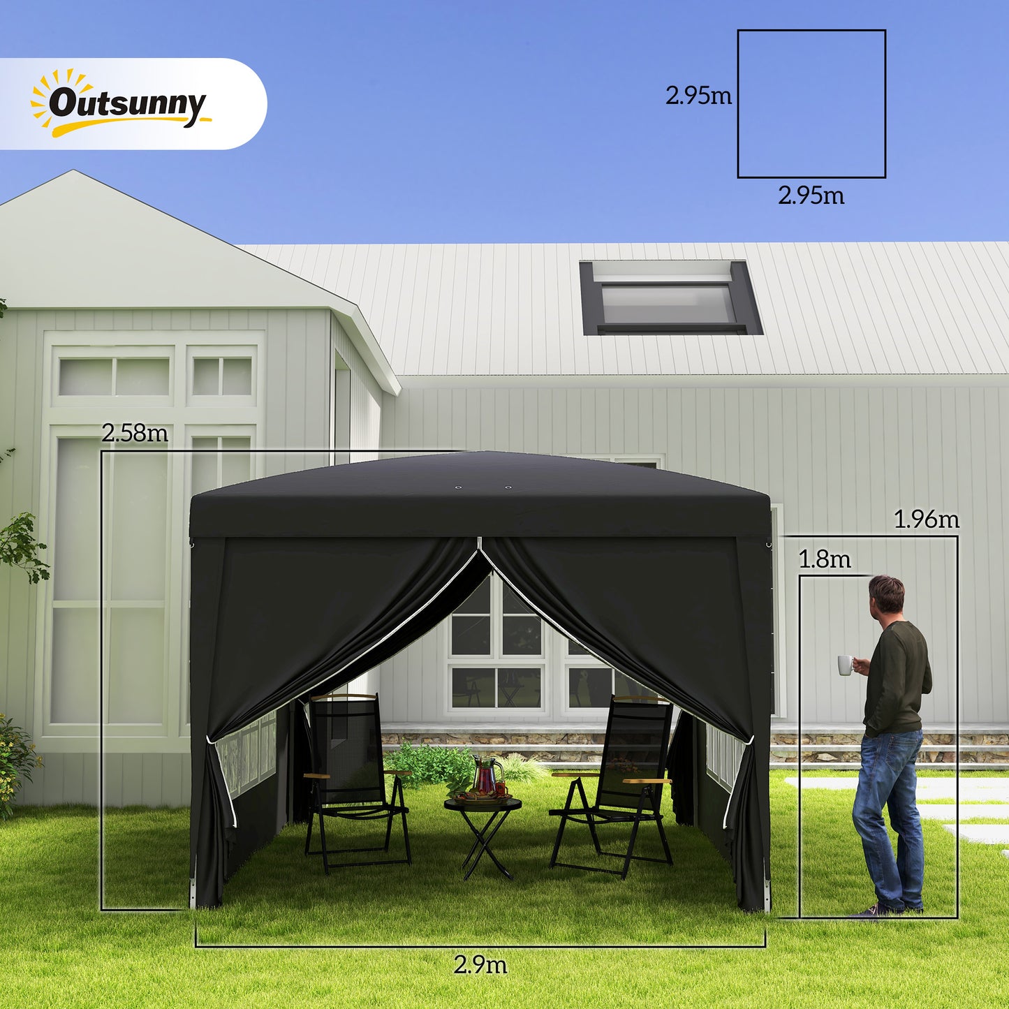 3x3(m) Pop-Up Gazebo, with Curtain Walls and Windows, Black