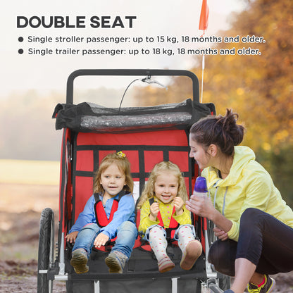 2 Seat Bike Trailer with 5 Point Harness, Baby Bike Stroller with Safety Flag, Reflectors, for 18+ Months, Red
