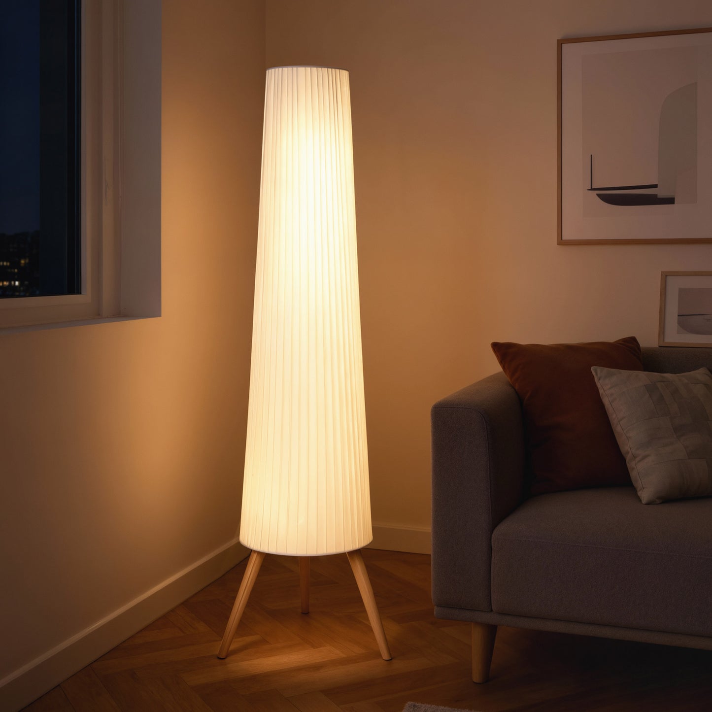 Dimmable Tripod Floor Lamp with Foot Switch, Nordic Standing Lamp with Fabric Shade, 153cm, White, White and Natural