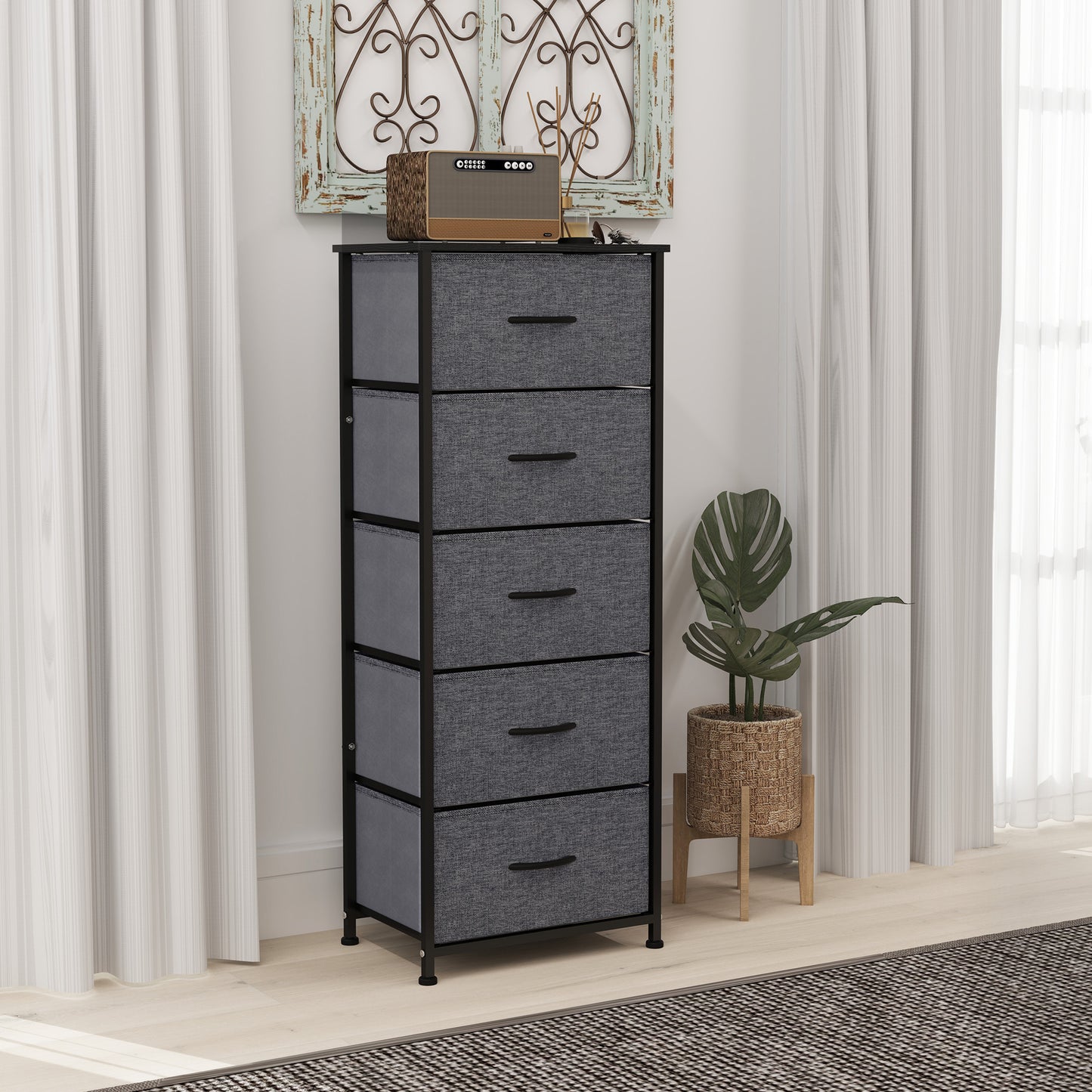 Fabric Chest of Drawers, Industrial Bedroom Dresser with 5 Fabric Drawers, Steel Frame and Wooden Top for Nursery