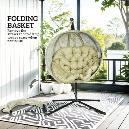 Hanging Egg Chair Outdoor Indoor Garden Swing Chair with Folding Basket, Thickened Cushion, Cup Holder for Patio, Balcony