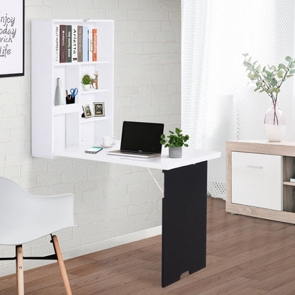 Folding Wall-Mounted Drop-Leaf Table, Convertible Wall Table With Chalkboard and Storage Shelf