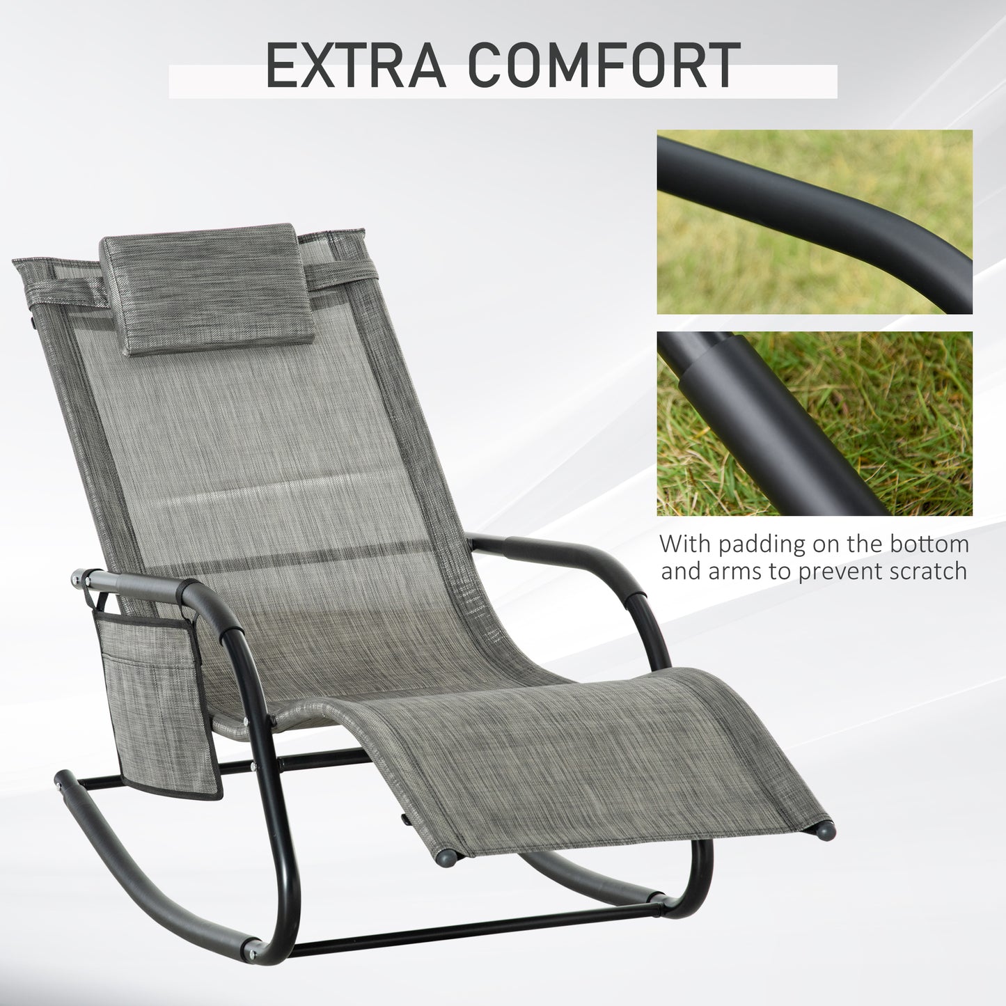Outdoor Garden Rocking Chair, Patio Sun Lounger Rocker Chair with Breathable Mesh Fabric, Removable Headrest Pillow, Armrest