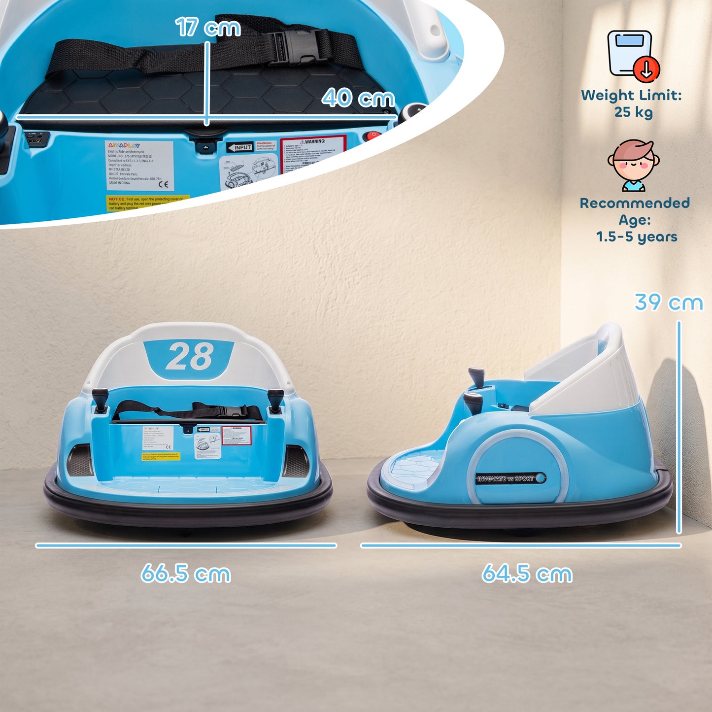 360° Rotation Kids Bumper Car, 12V Waltz Car with Remote Control, Dual Joystick, Music, Lights, Light Blue